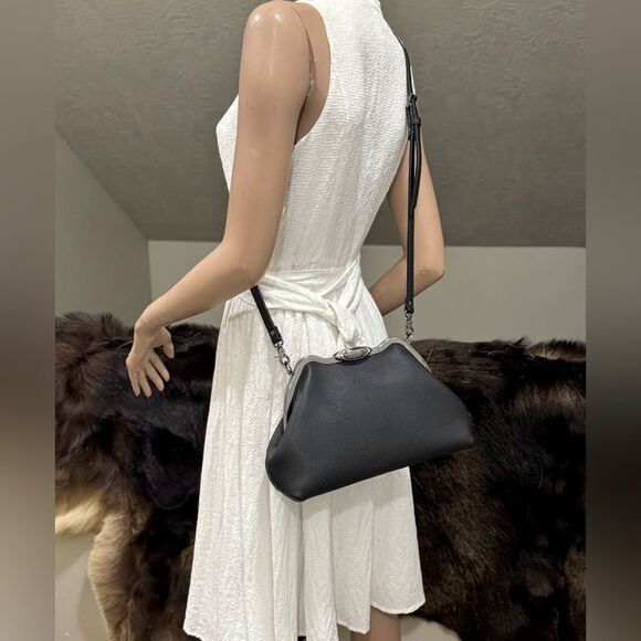 Black Togo Cowhide Leather Handmade Custom Metal Frame Handbag & 2 Strap Styles - Picture 6 of 16